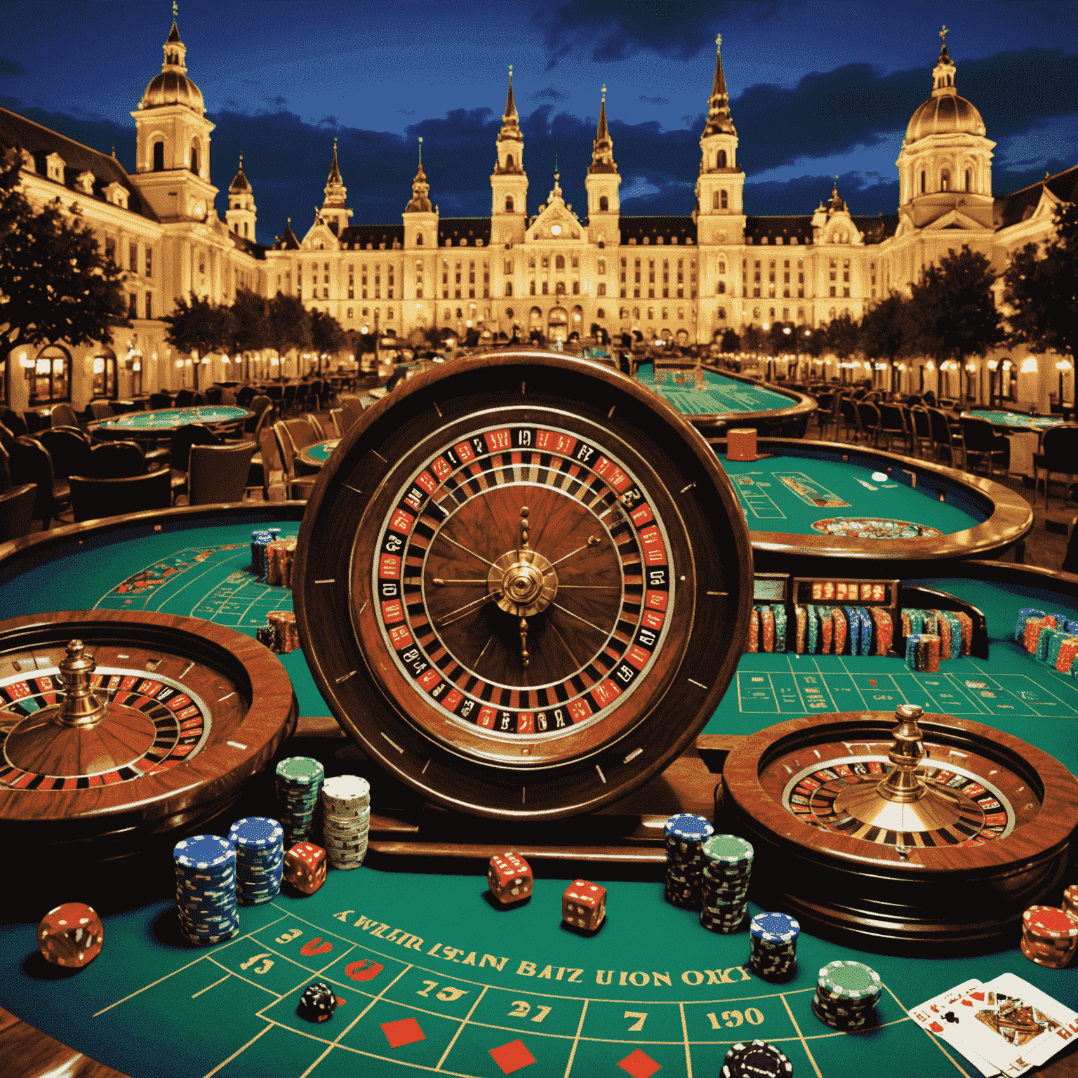 A collage of casino games including slot machines, roulette wheel, poker cards, and dice, with Slovak landmarks in the background