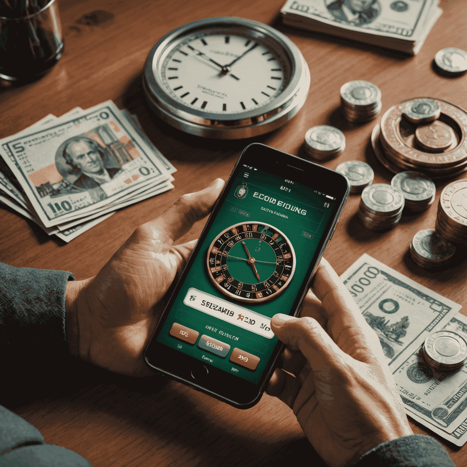 A calming image depicting responsible gambling practices, showing a person setting limits on a mobile device, with Slovakian currency and a clock in the background to represent time and money management