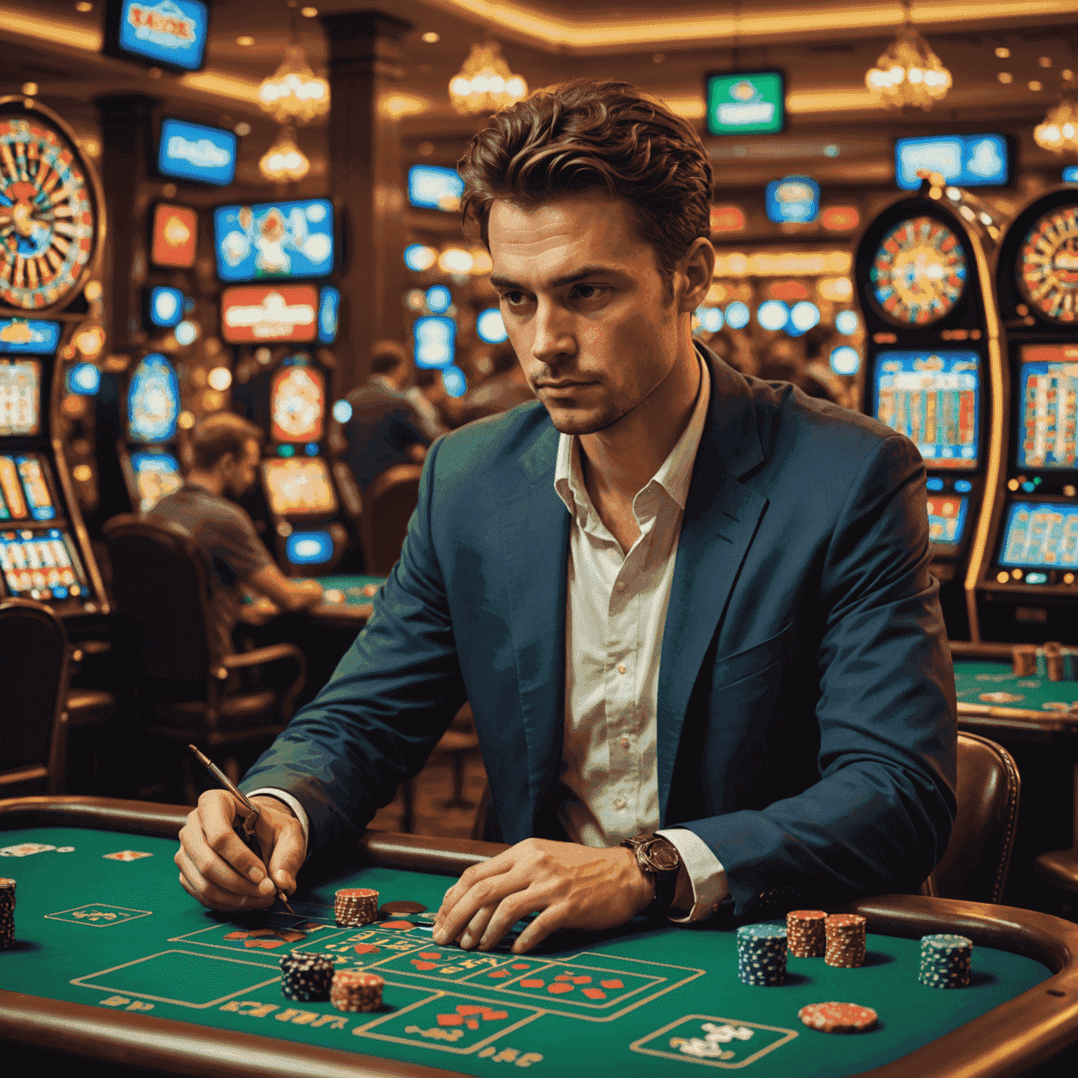 Illustration of a person making thoughtful choices while engaging with online gambling, surrounded by responsible gaming symbols